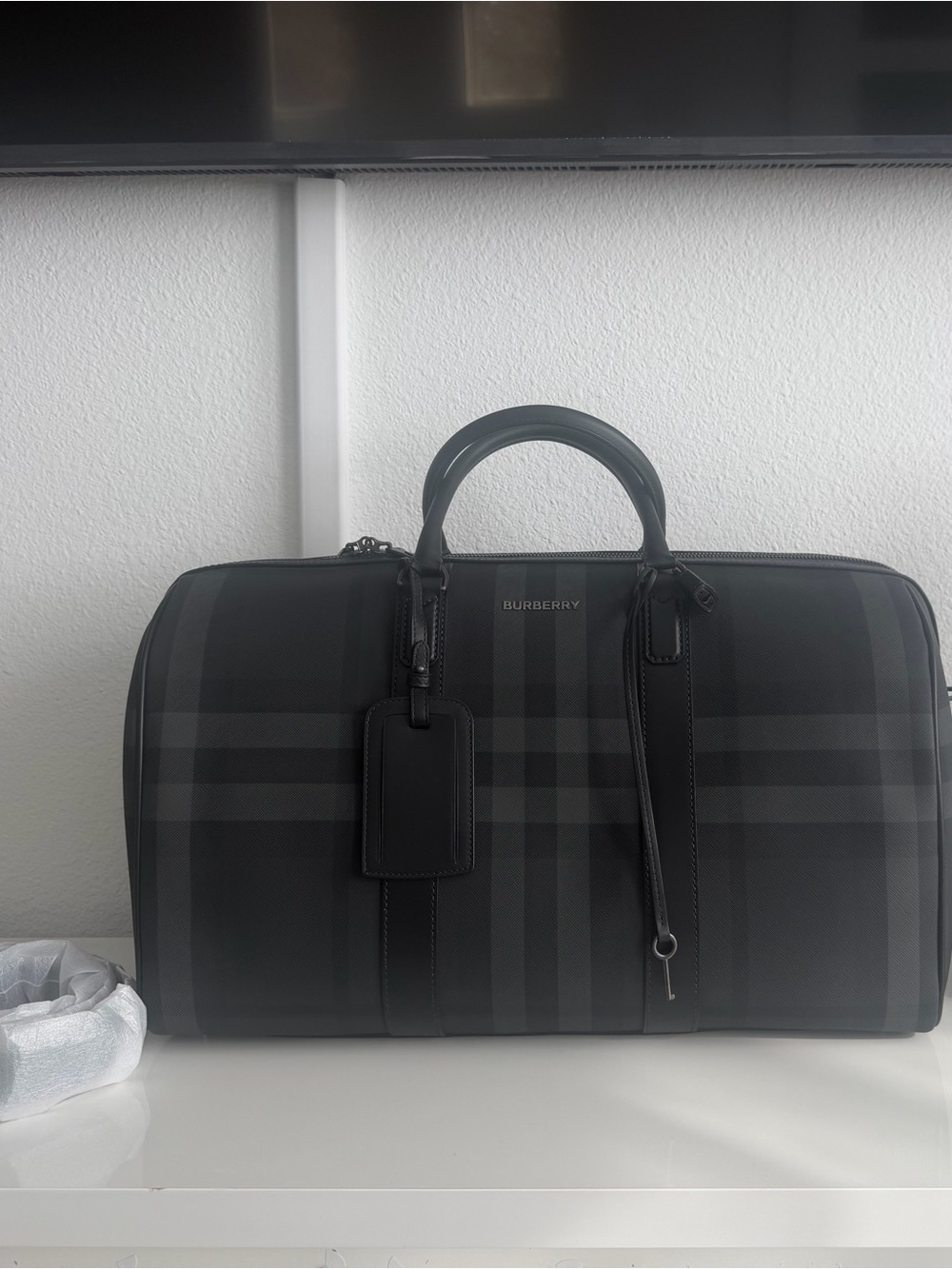 Burberry Giant Check Coated Canvas Travel Boston Bag in Color Charcoal